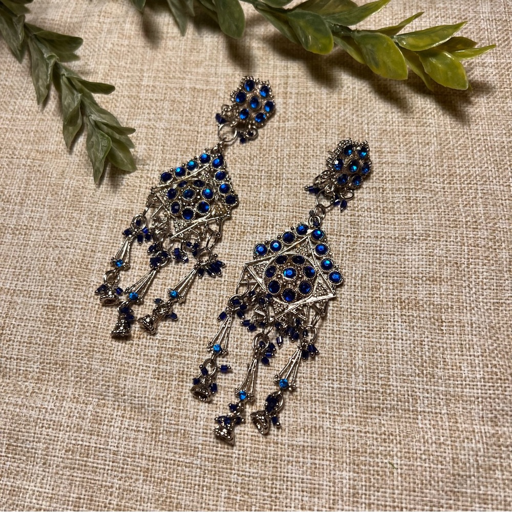 Blue Sapphire Victorian Medieval-Style Gothic Diamond Silver Earrings